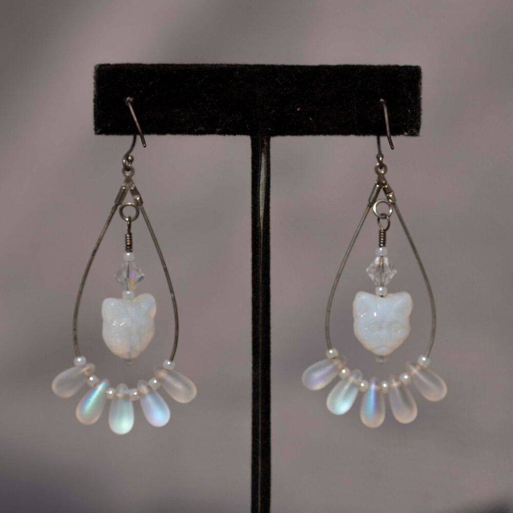 Vintage Translucent Cat Earrings | Womens Metal Wire Jewelry Animal Motif Charms